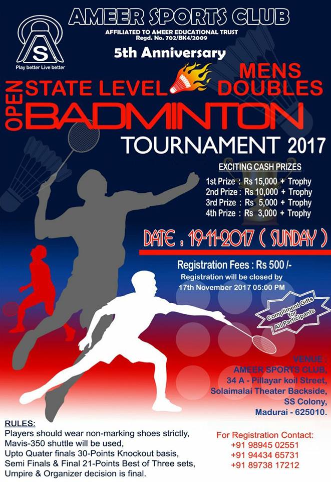 5TH YEAR ANNIVERSARY STATE LEVEL MENS DOUBLES OPEN BADMINTON TOURNAMENT - 2017